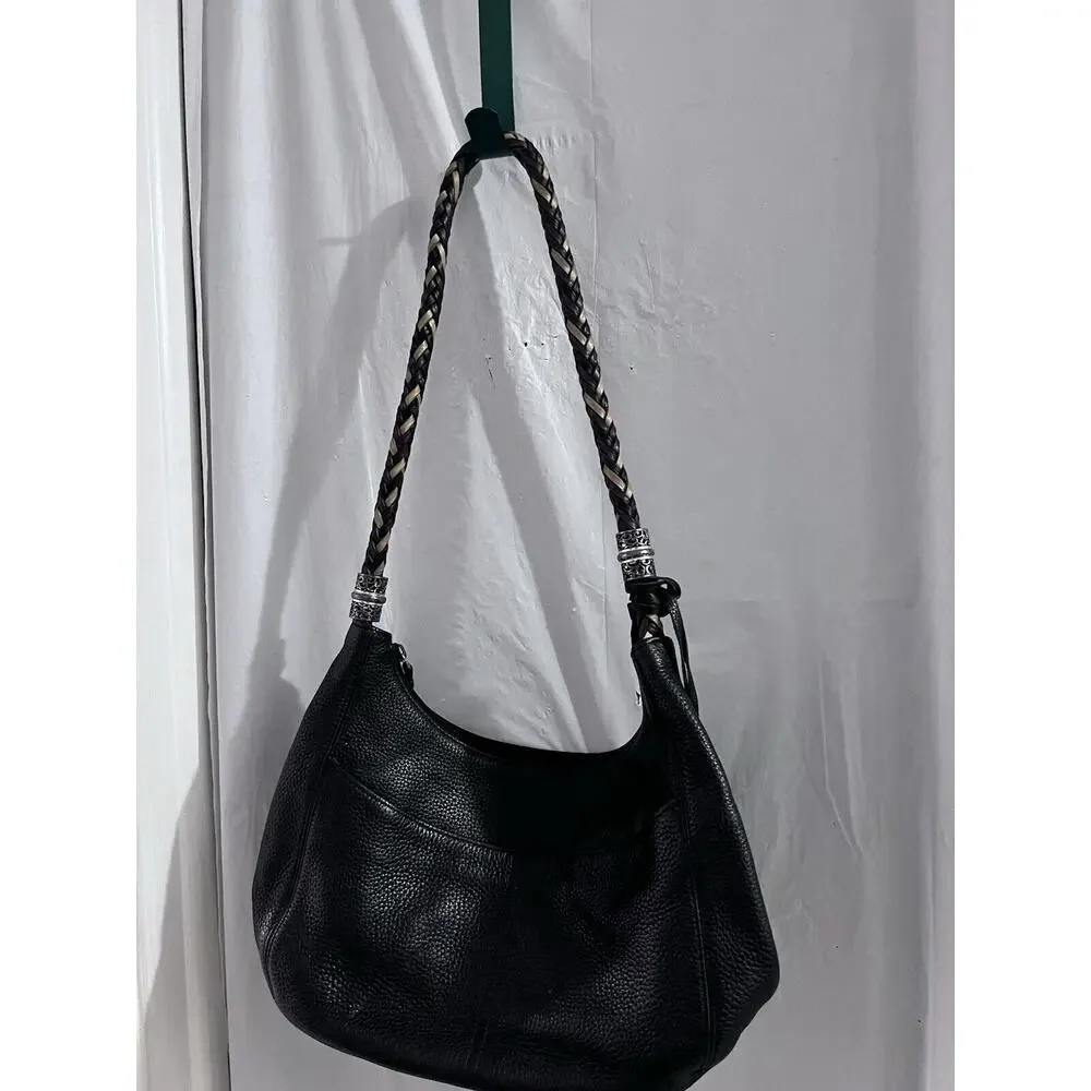 Brighton Barbados Zip Top Hobo Purse Black Pebble Leather Shoulder Bag